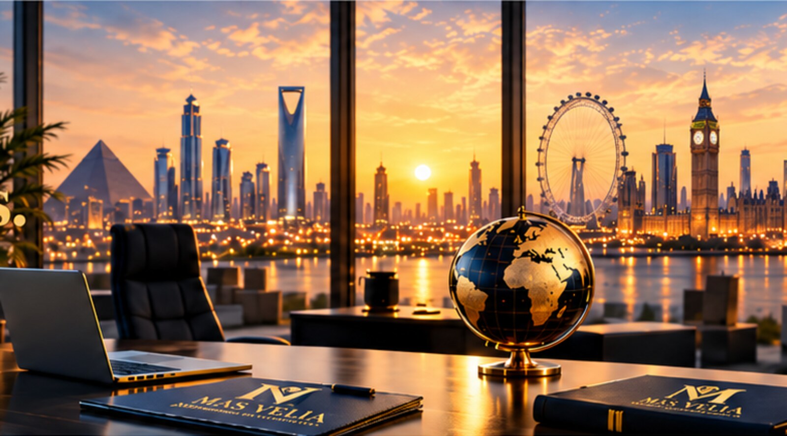 Executive office overlooking a global city skyline at sunset